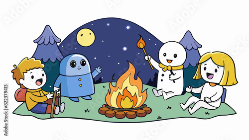 The warm evening air is filled with the chirping of crickets and the flicker of fireflies. As the sun sets a group of friends gather around a. Cartoon Vector