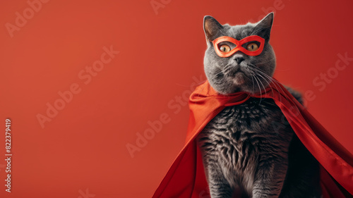 A gray cat in superhero costume