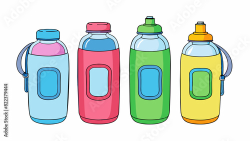 This pack is a collection of four colorful ecofriendly glass bottles with silicone sleeves for grip and protection. They have leakproof caps and come. Cartoon Vector