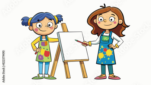 Two artists a mother and her daughter stand in front of a canvas in their shared studio. They are both wearing smocks splattered with paint their. Cartoon Vector