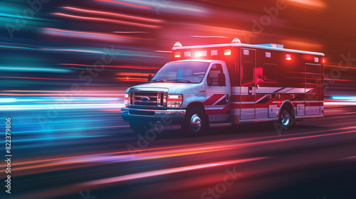 Motion blur medical ambulance vehicle speeding on the way for accident or health care emergency services concept