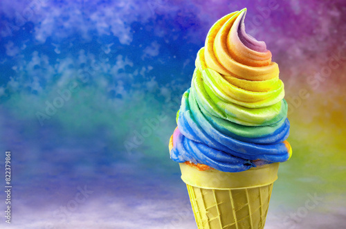 Delectable Vitamin Colored Soft Serve Ice Cream Cone Isolated on Vibrant Colored Backdrop