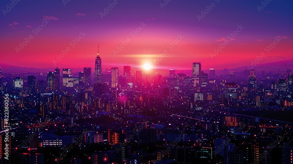 Illustration of Tokyo citypop banner inspired by 80s retro aesthetic, featuring neon-lit urban night cityscape,  Generative ai
