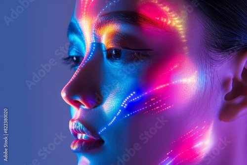 Colorful Skincare Concept with Vibrant Lights Highlighting Facial Zones for Beauty and Wellness