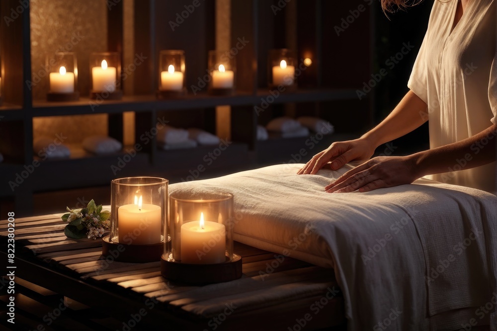 Fototapeta premium Spa Setting with Lit Candles and Flowers