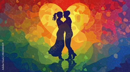 Joyful LGBT Diversity: Lesbian Couple Dancing with Rainbow Heart Background