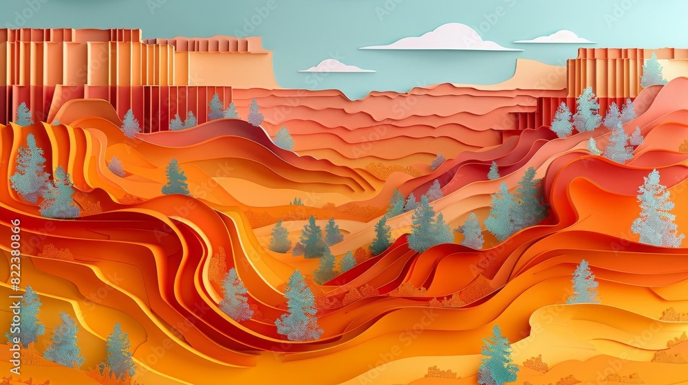 Create a paper-cut illustration of a canyon landscape, featuring warm colors and a minimalist style Create a paper-cut illustration of a canyon landscape, featuring warm colors and a minimalist style