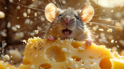 Mouse nibbling cheese, surrounded by cheese crumbs