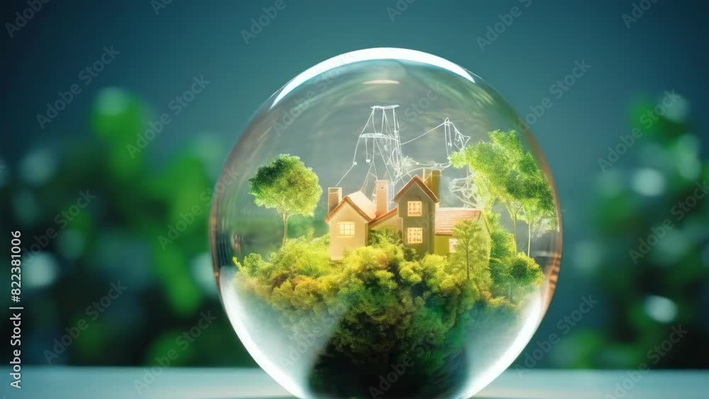 Miniature houses and trees inside a glass sphere, symbolizing a protected, sustainable environment. The detailed scene evokes themes of eco-living and environmental preservation. Miniature houses and trees inside a glass sphere, symbolizing a protected, sustainable environment. The detailed scene evokes themes of eco-living and environmental preservation.