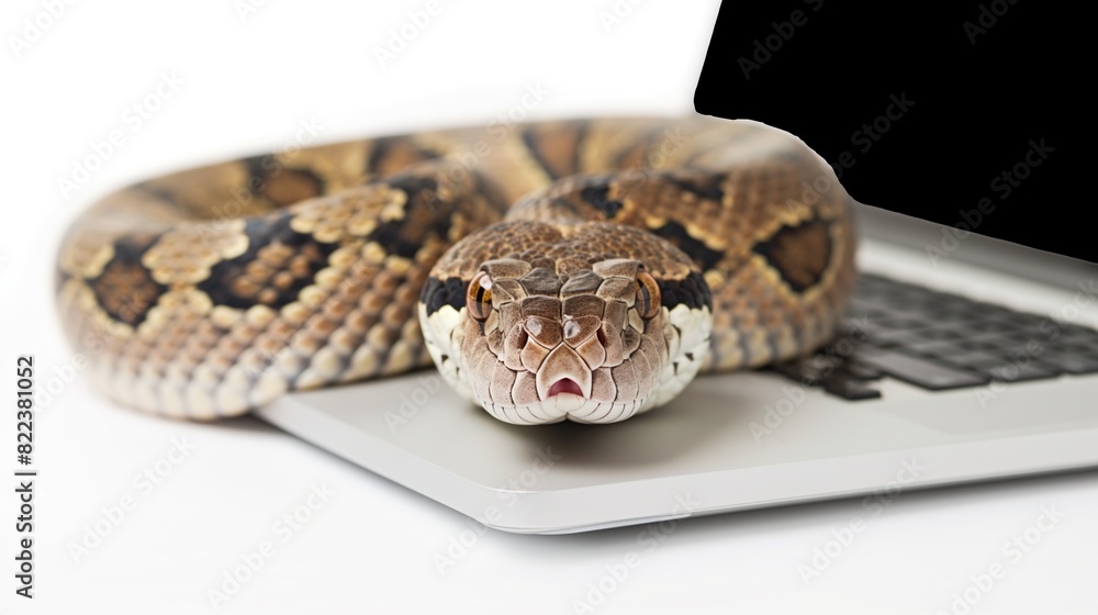 Snake using laptop on white background in studio. Snake using laptop on white background in studio.