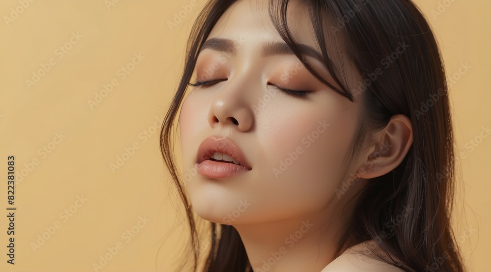 Beautiful attractive asian woman model with closed eyes isolated on pastel yellow glowing background Beautiful attractive asian woman model with closed eyes isolated on pastel yellow glowing background