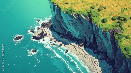 Cliff flat design top view rugged coastline theme cartoon drawing Triadic Color Scheme