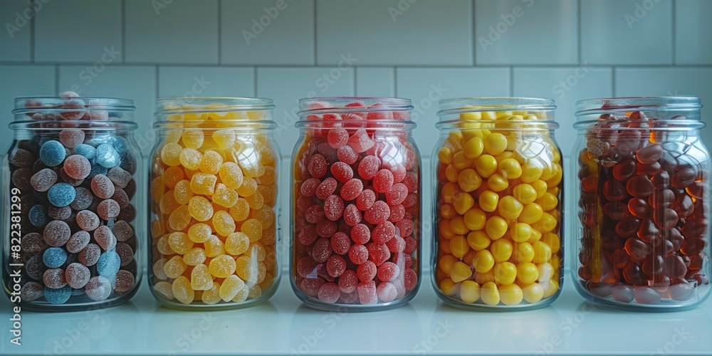 Several glass jars lined up, each filled with assorted candies, creating a colorful and tempting display