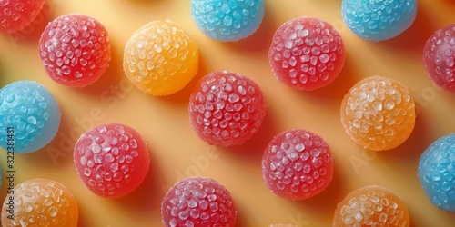 Close-up view of a variety of brightly colored candies spread out across a surface © VAshowcase