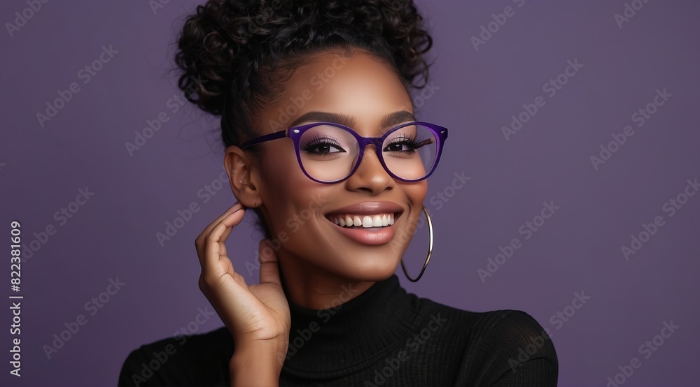 Beautiful attractive black woman model wearing eyeglasses smiling isolated over purple background Beautiful attractive black woman model wearing eyeglasses smiling isolated over purple background