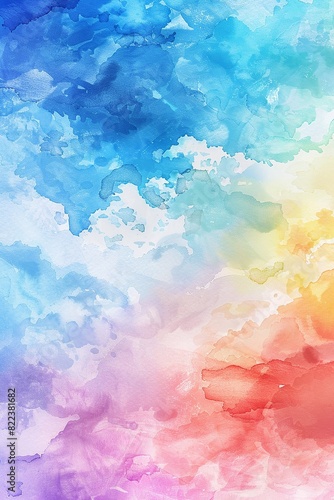 A serene watercolor illustration for Pride Day, showcasing a sky filled with a gradient of rainbow colors, soft clouds, and delicate heart shapes