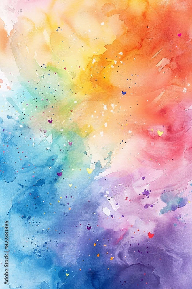 A dynamic watercolor illustration for Pride Day, showcasing a sky filled with a spectrum of rainbow colors, fluid brushstrokes, and subtle heart shapes