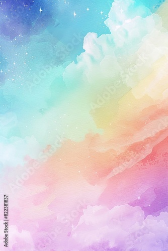 A whimsical watercolor depiction of Pride Day  featuring a colorful sky with blended rainbow hues  soft cloud shapes  and star accents