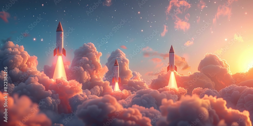 A group of rockets soaring through the sky, leaving trails of fire and smoke as they propel upwards A group of rockets soaring through the sky, leaving trails of fire and smoke as they propel upwards