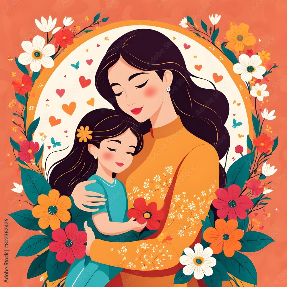 Mother's Day greeting card. Mother and daughter hug each other warmly. Many options, many flowers. Copy space. Illustration vector. Generative AI Mother's Day greeting card. Mother and daughter hug each other warmly. Many options, many flowers. Copy space. Illustration vector. Generative AI