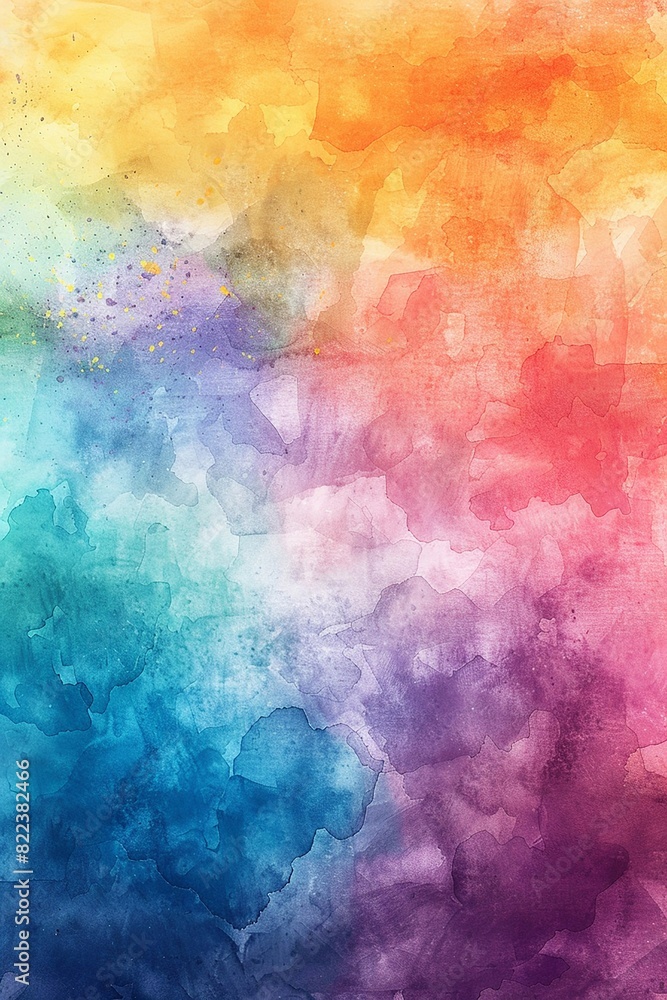 An artistic watercolor scene celebrating Pride Day, with a vibrant rainbow sky, fluid color transitions, and abstract cloud shapes
