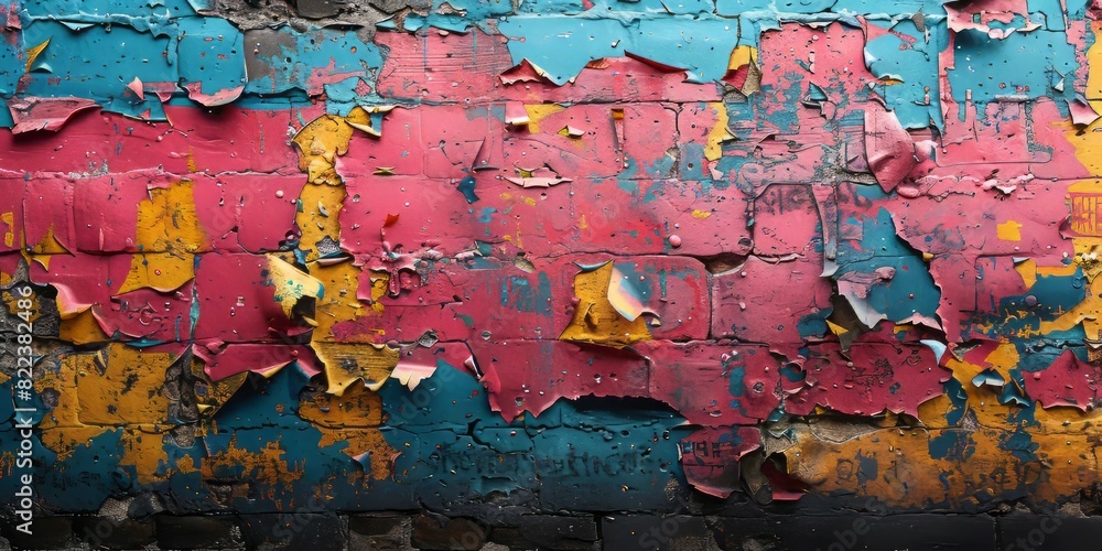 Fototapeta premium A wall covered in various paint splatters, creating an abstract and textured appearance