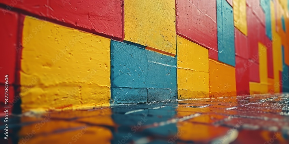 Detailed close-up shot of a vibrant wall with water droplets