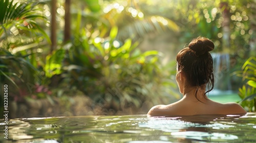 Tranquil Spa Retreat: Woman Relaxing in Serene Water Amidst Lush Greenery and Therapeutic Pool