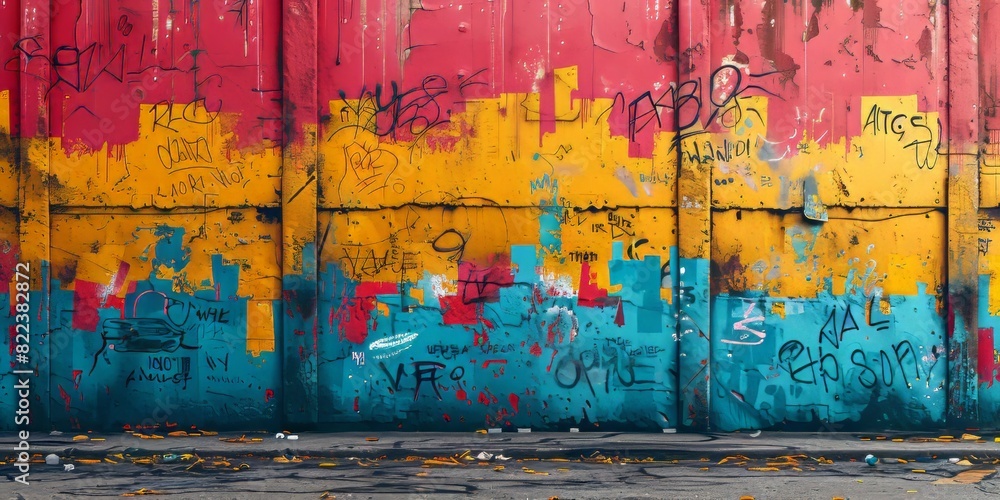 Obraz premium A man in casual attire strolls down a street lined with a vibrant wall covered in graffiti art