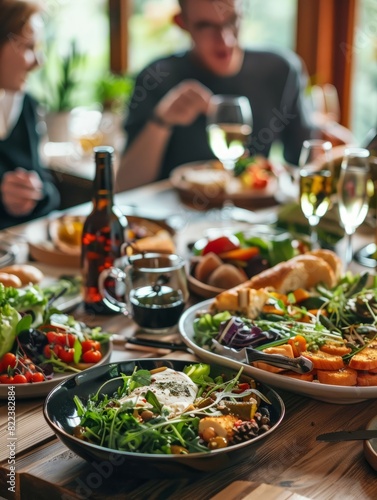 Dinner table with delicious healthy food, fresh vegetables and salads. Happy joyful people enjoying the meal and having fun in the background