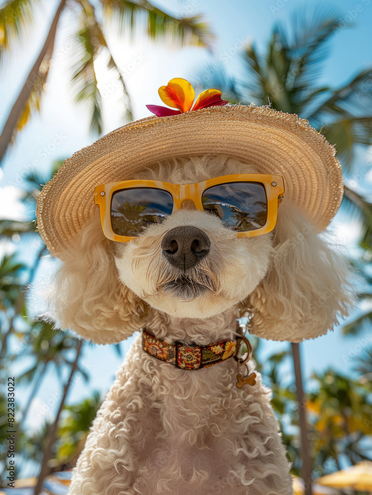 A cute poodle wearing sunglasses and a straw hat with a flower.