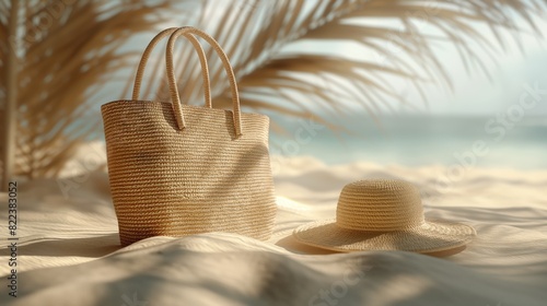 Bag with straw hat on the white sand on the tropical beach