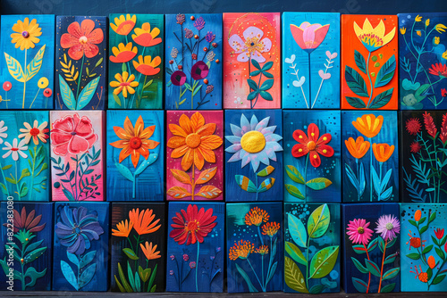 Colorful array of hand-painted floral artwork, great for themes of nature and creativity.