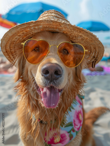 Golden Retriever wearing sunglasses and hat on the beach. © SashaMagic