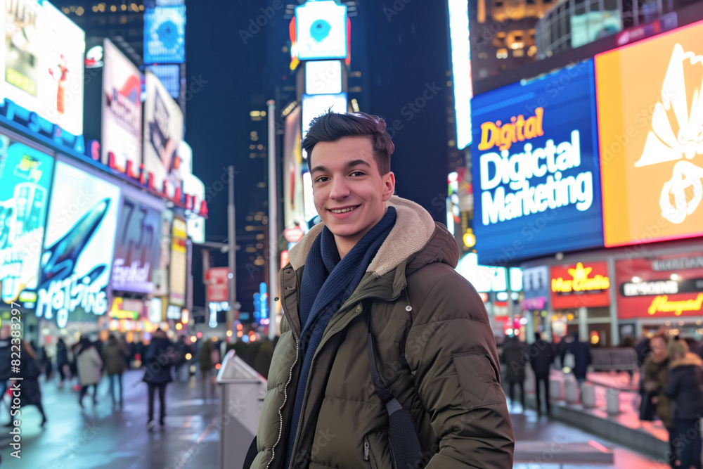 Young man with digital billboards Young man with digital billboards