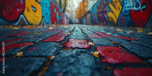 A street covered in various graffiti designs and tags photo