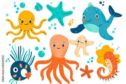 Cute baby sea creatures illustration
