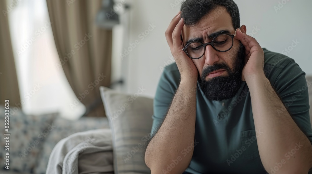 Obraz premium Arab man with a beard and glasses, sitting on a sofa in his living room, looking sick and upset