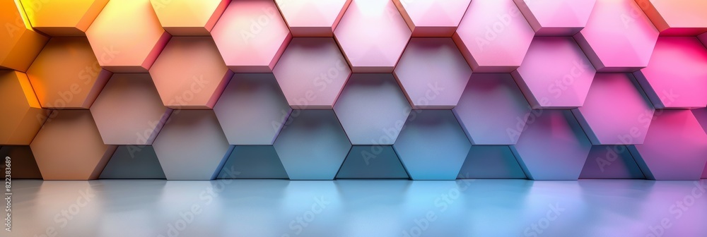 A vibrant multicolored hexagonal background contrasts against a clean white floor in a modern geometric setting A vibrant multicolored hexagonal background contrasts against a clean white floor in a modern geometric setting
