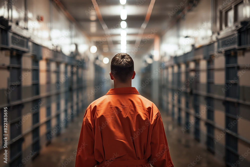 Inmate in orange jumpsuit walking corridor Inmate in orange jumpsuit walking corridor