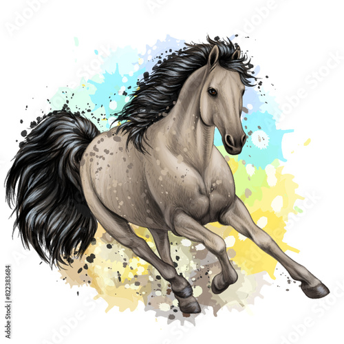 Graphic, color image of a running horse in watercolor style on a white background.