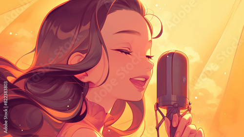 Linda mulher cantando em um microfone - Ilustração