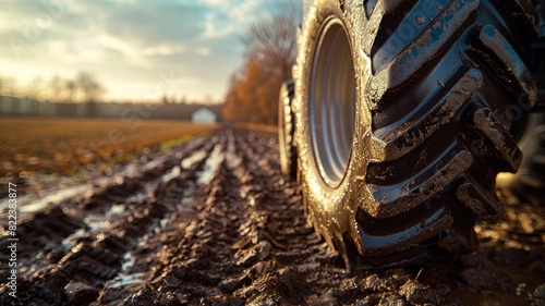 Close-up of a muddy tractor wheel on a plowed field. photo