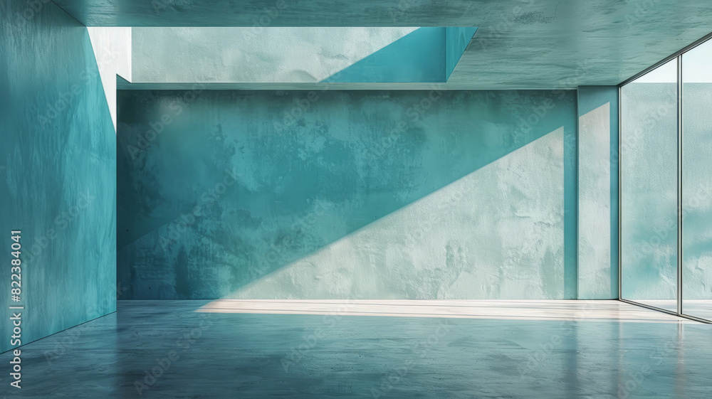 Modern empty room with blue walls, sunlight streaming in Modern empty room with blue walls, sunlight streaming in