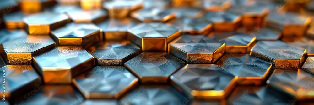 A close-up view of a cluster of shiny gold hexagons arranged closely together A close-up view of a cluster of shiny gold hexagons arranged closely together