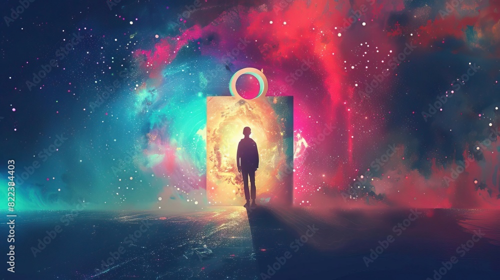 Vivid illustration of a person gazing through a keyhole into a colorful galaxy Ideal for use in creative