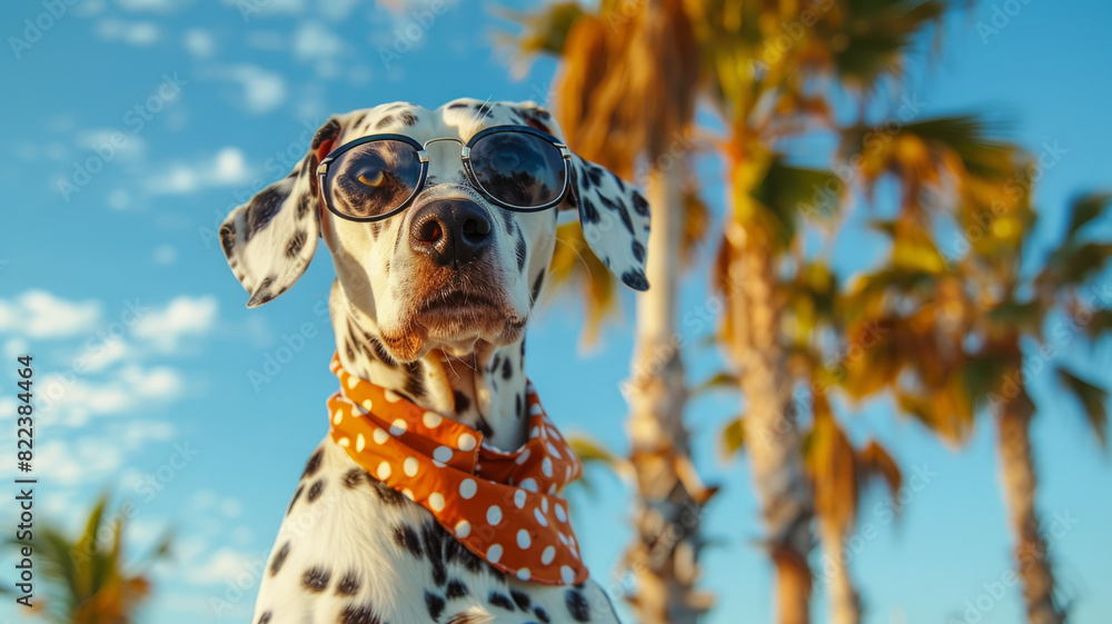 Dalmatian wearing sunglasses and bandana with palm trees in the background. Dalmatian wearing sunglasses and bandana with palm trees in the background.