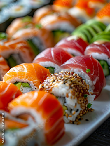 Assorted sushi rolls with fresh ingredients on a white plate