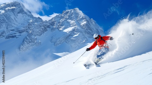 Skier carving through fresh powder on a steep slope in the high mountains