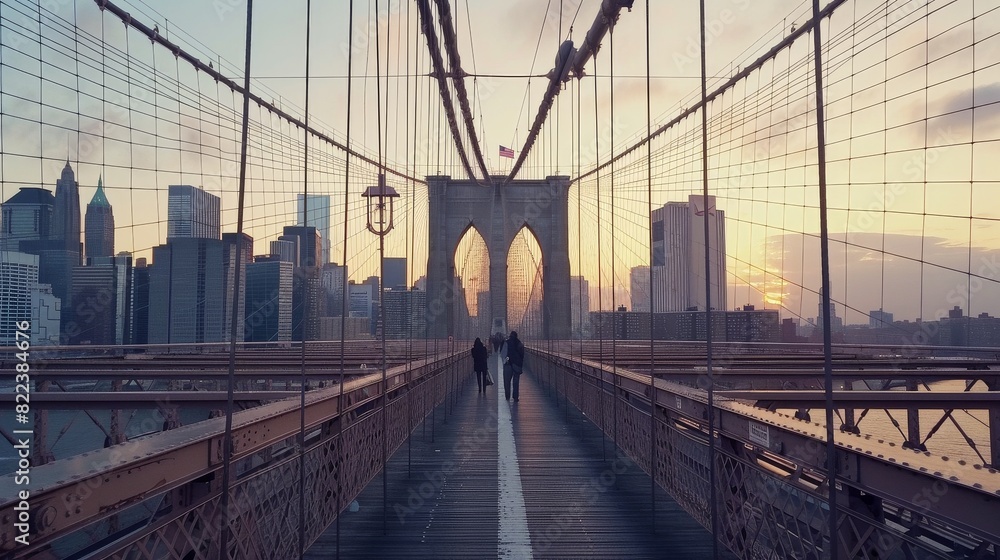 Fototapeta premium Brooklyn Bridge steel cables and gothic towers against the New York skyline